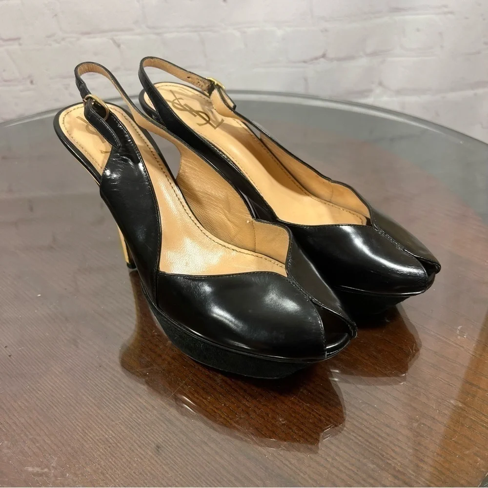 YSL Patent & Calf Leather peep toe sling back pumps 37 GUC sexy chic vintage
